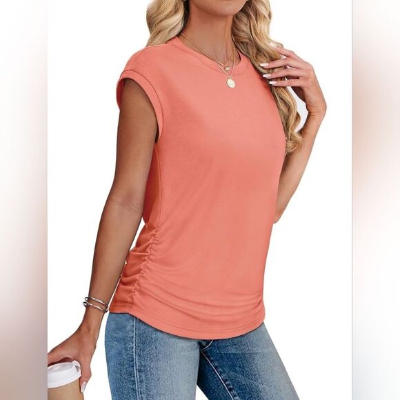 NEW Coral Pink Ruched T-shirt Top Lightweight Basic Neutral Salmon Peach Medium - Picture 1 of 5